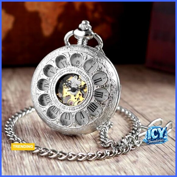 Mechanical Hand Wind Pocket Watch with Chain, Skeleton Floral Design main image 7